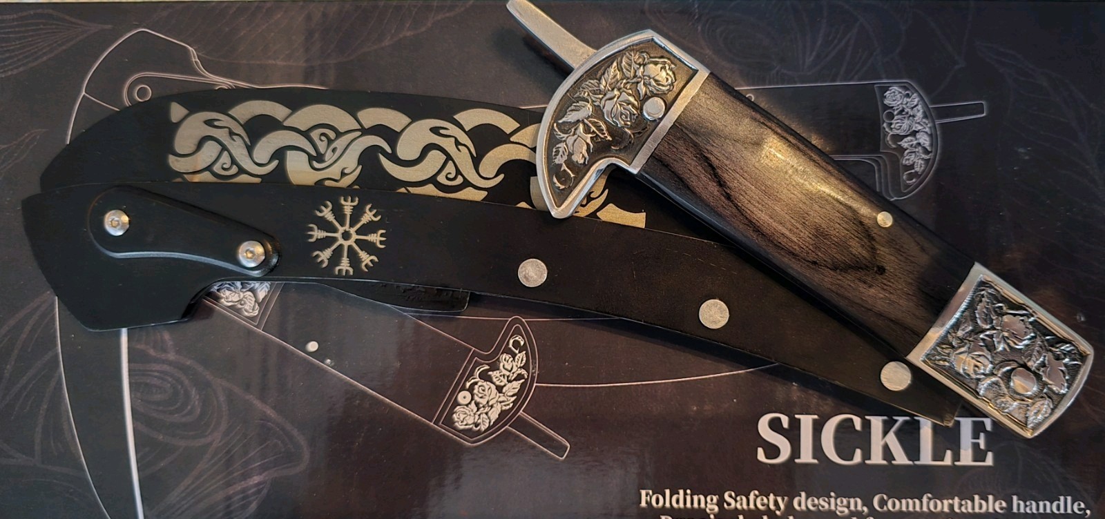 Valhalla Folding Sickle- Laser Engraved Black Blade- Wooden Handle W/sheath