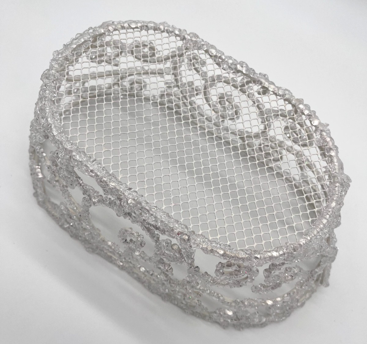 Charming Silvertone Metal Clear Beaded Basket White Clear Beads 11″ x 6″