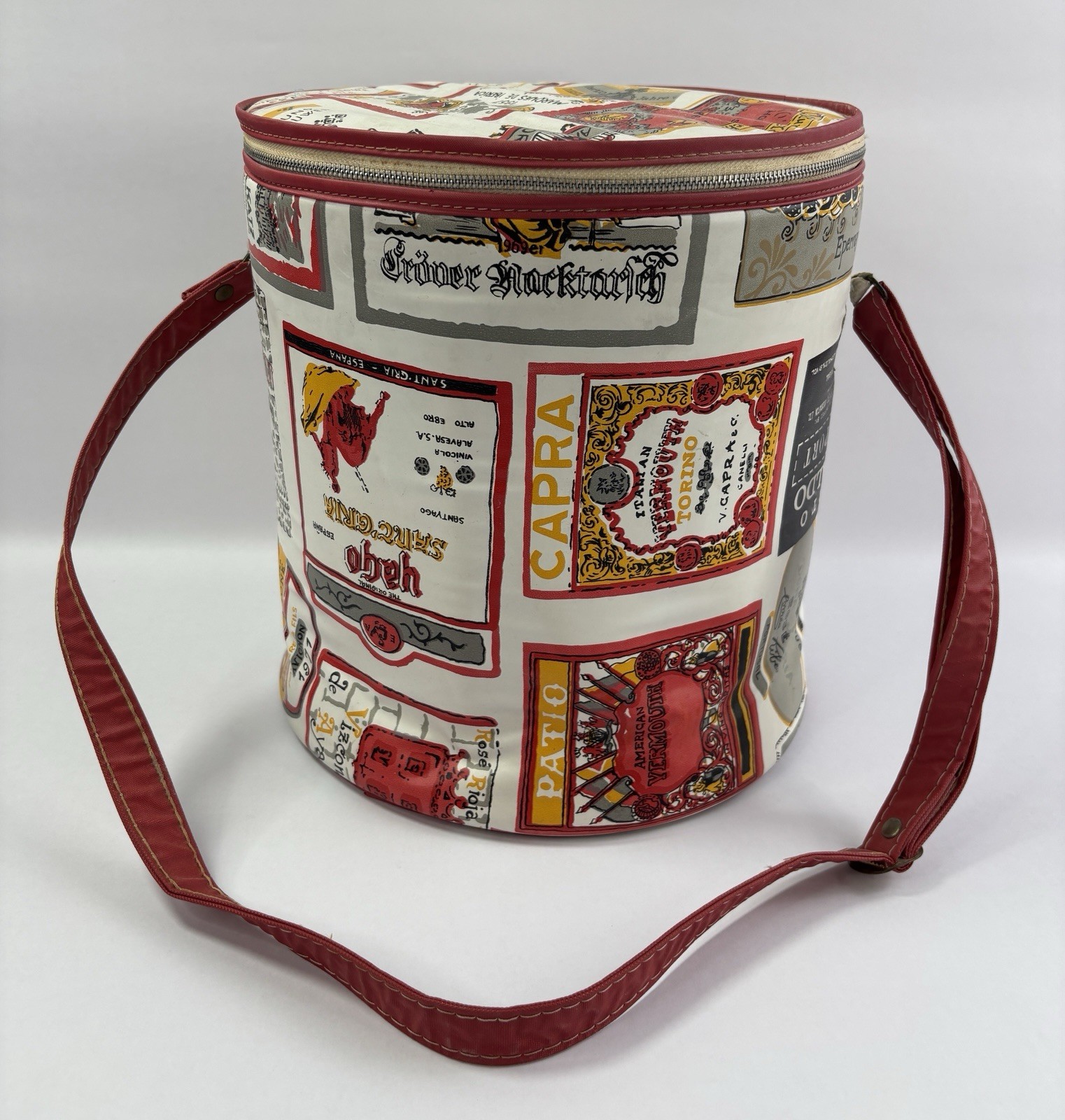 VTG 1970s Wine Label Print Insulated Cooler Bag Round Ice Bucket Retro Barware