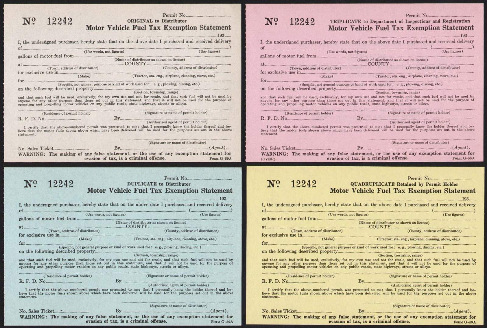 Vintage receipt MOTOR VEHICLE FUEL TAX EXEMPTION STATEMENT 1930s Topeka Kansas
