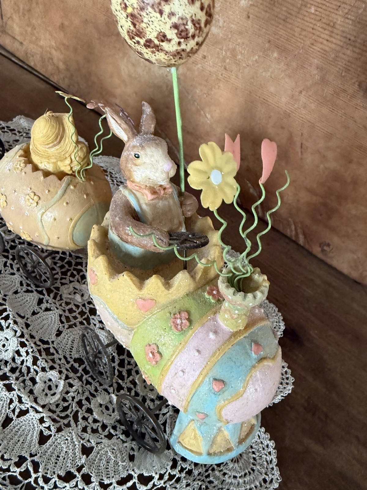 Whimsical Vintage Easter Bunny Egg Train Figurine – Pastel Cracked Eggs