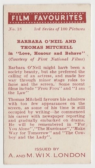 Thomas Mitchell + Barbara O’Neil 1939 A & M Wix Film Favourites Tobacco Card #18