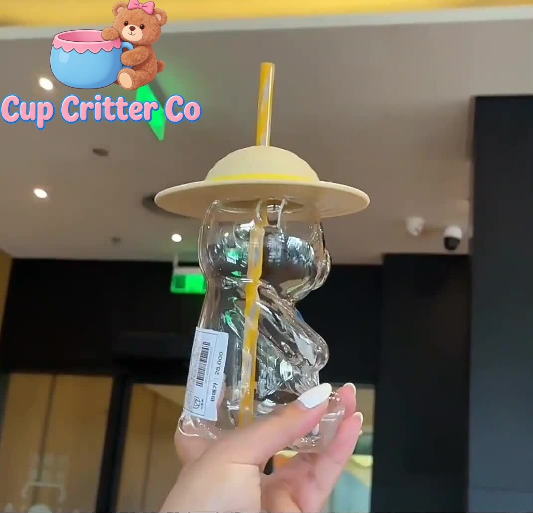 New Starbucks Korea 2022 Summer Yellow Hat Bear 473ml Glass Straw Cup Tumbler