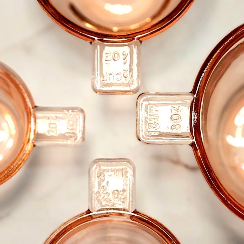 4 PC Nesting Measuring Cups, Pink Amber Depression Style Glass, Vintage Kitchen