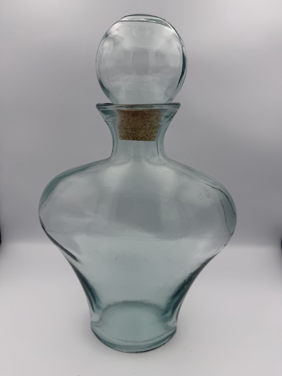 Large Light Blue Clear Glass Decanter with Ball Cork Stopper 13”