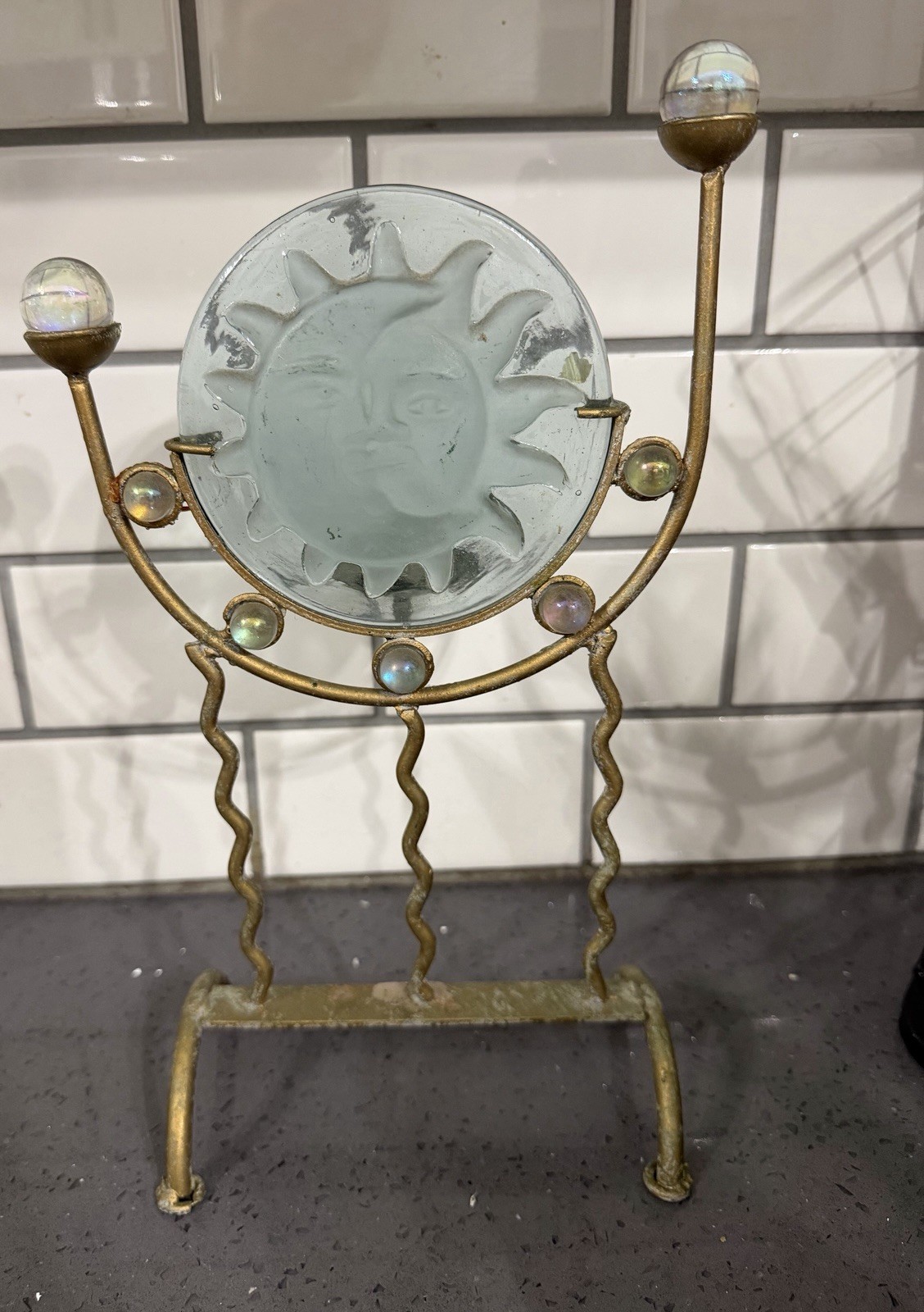 Vtg Metal Frosted Glass Celestial Sun Face Candle Holder Boho Patina Whimsical