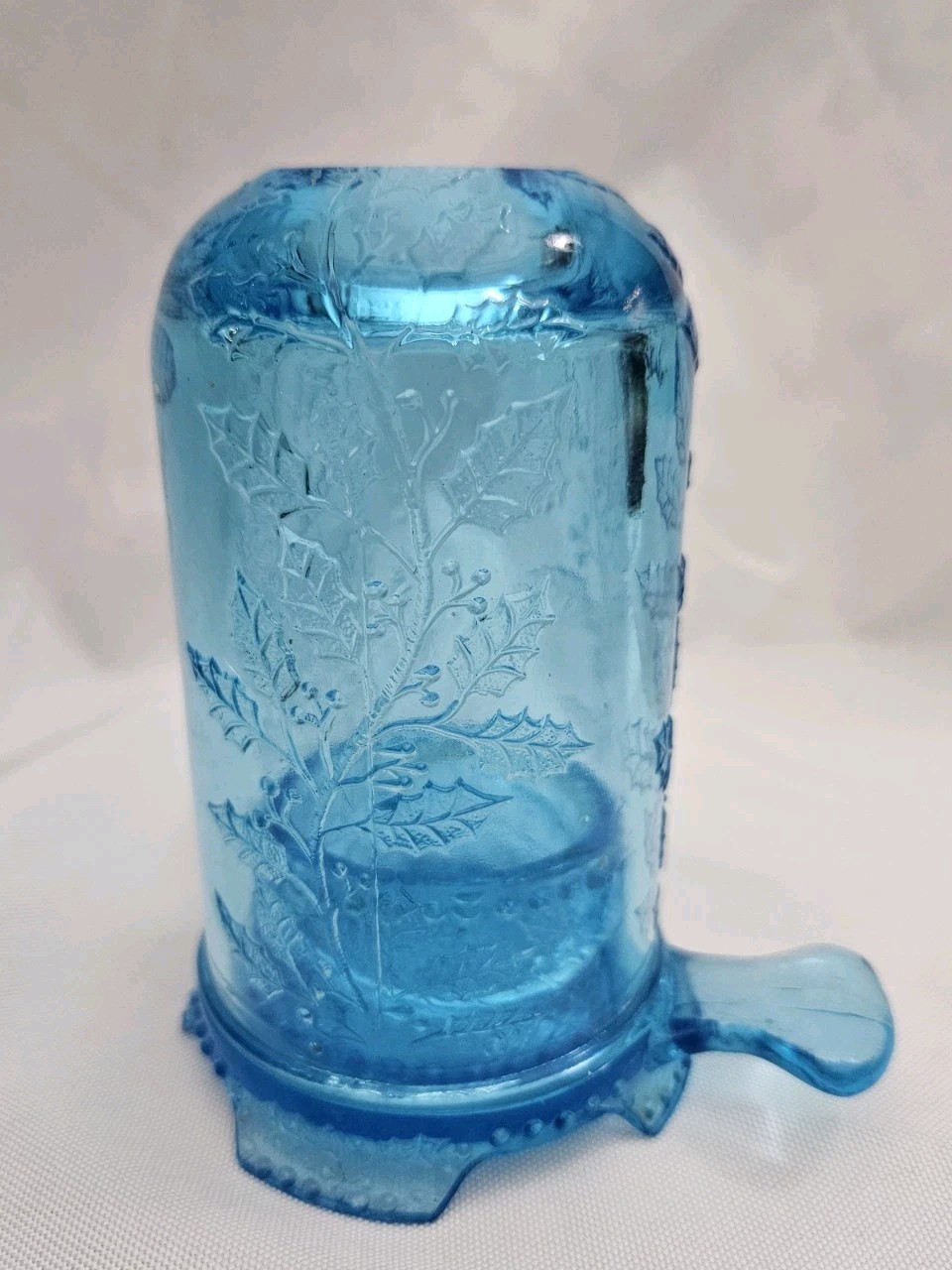 Vintage Blue Pressed Glass Fairy Lamp Holly Berry Pattern Two-Piece Aqua Candle