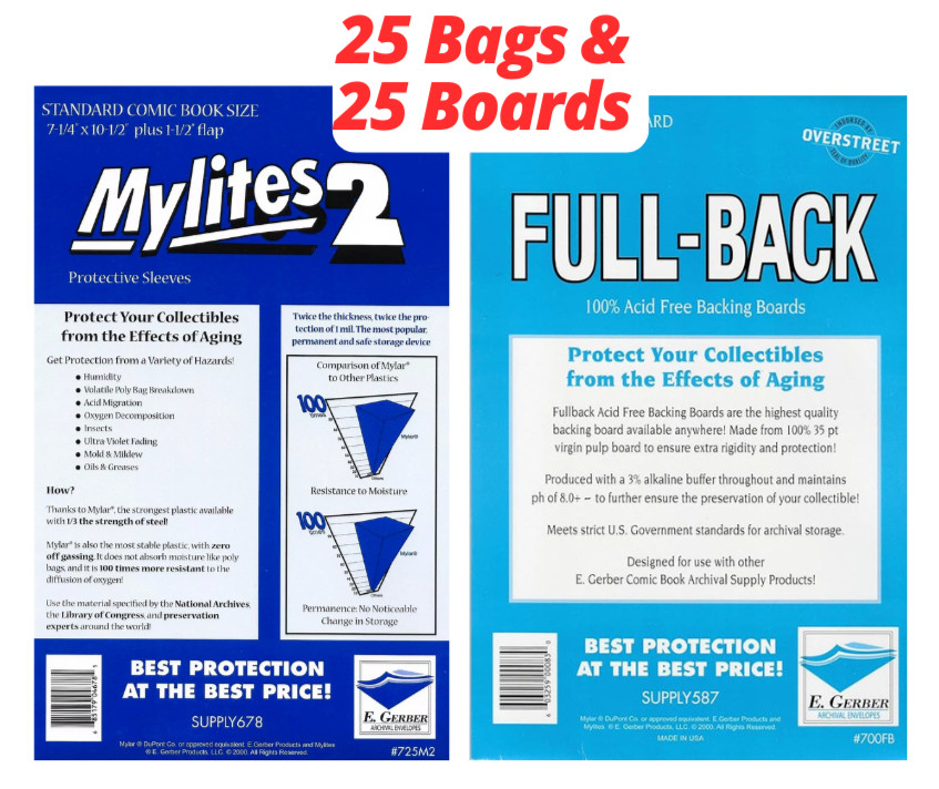 25 Mylites 2 Mil Mylar Comic Book Bags (Standard Size) and Boards Full Back 35PT