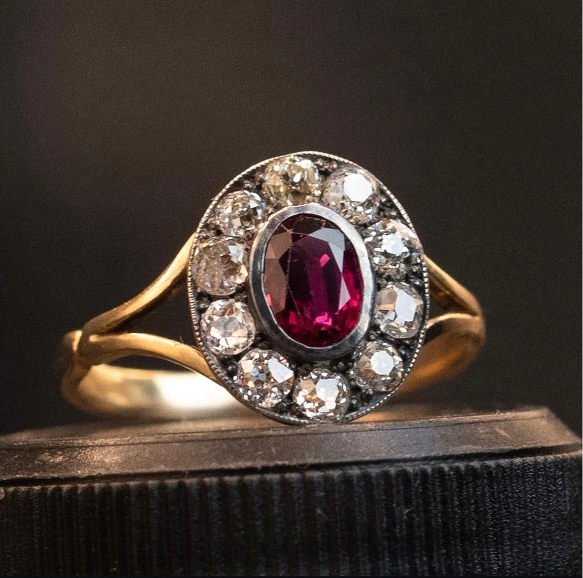 Ruby & Diamond Halo Ring Oval Cut Red Gem Vintage Style 14K Gold Finish Jewelry