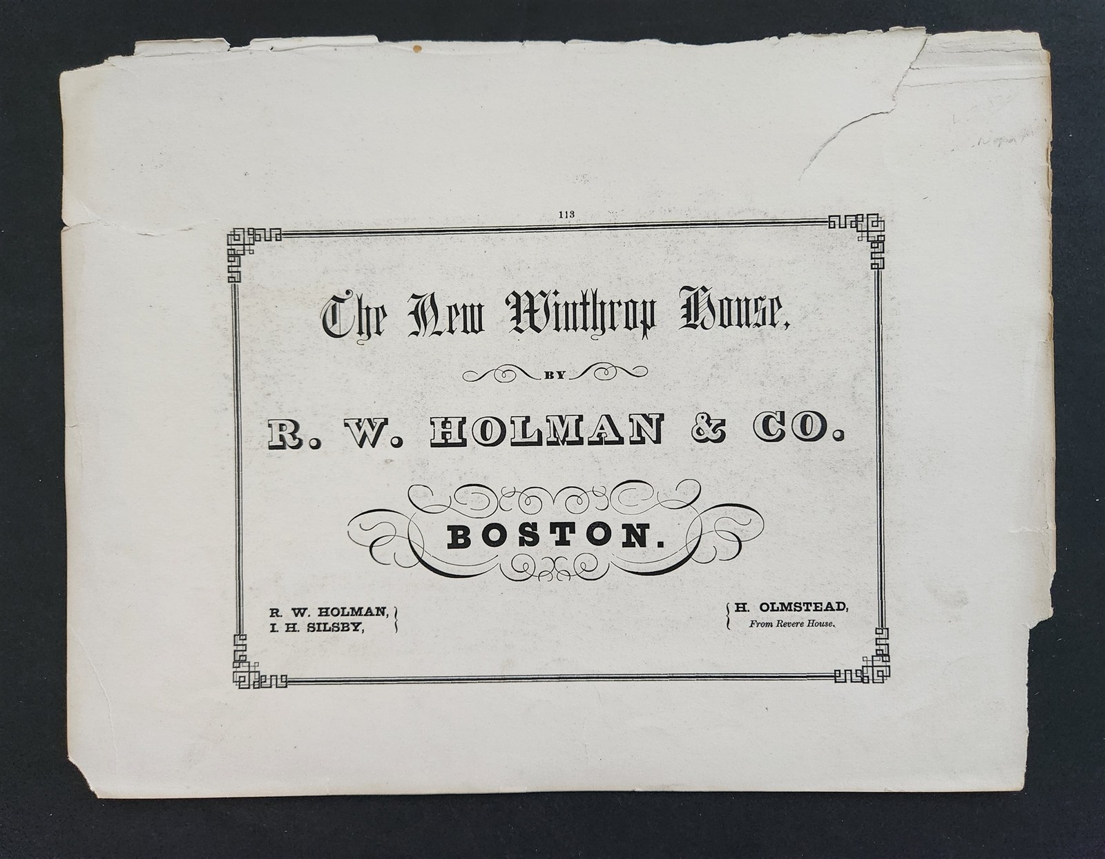 1800s antique NEW WINTHROP HOUSE boston ma RW HOLMAN AD engraving black mountain
