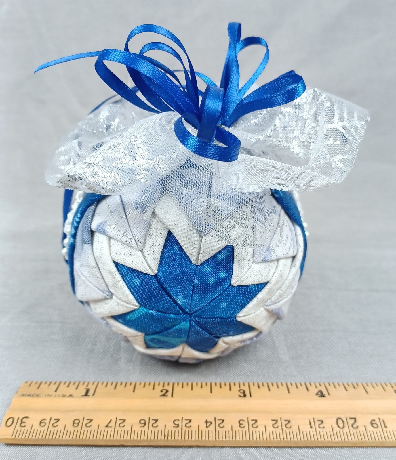 Handmade Folded Star Quilted Patch Holiday Ornament 3″ Blue White Cottagecore