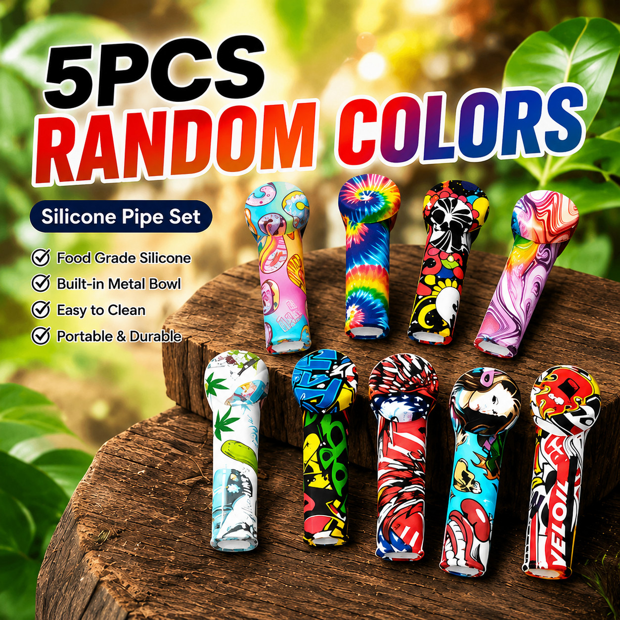 Lot of 5 3.5″ Silicone Smoking Hand Pipes with Metal Bowl & Cap Lid Pocket Pipe