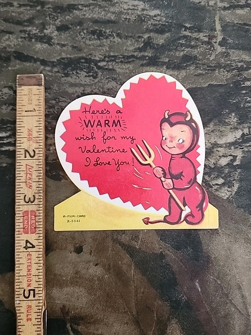 Vtg Valentine Card Mini Cupid Devil A-Meri-Card Die-cut Stand Up Used