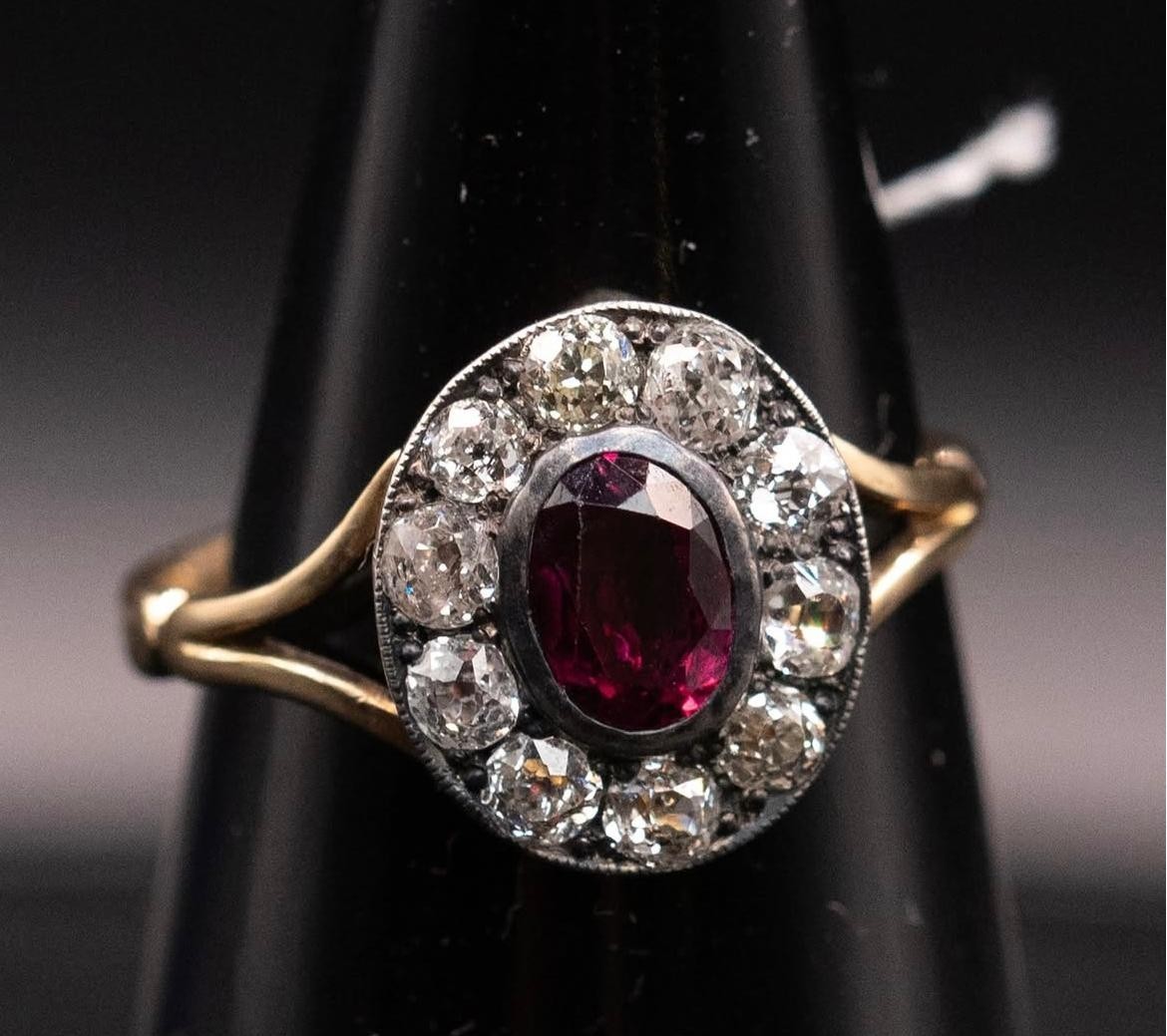 Ruby & Diamond Halo Ring Oval Cut Red Gem Vintage Style 14K Gold Finish Jewelry