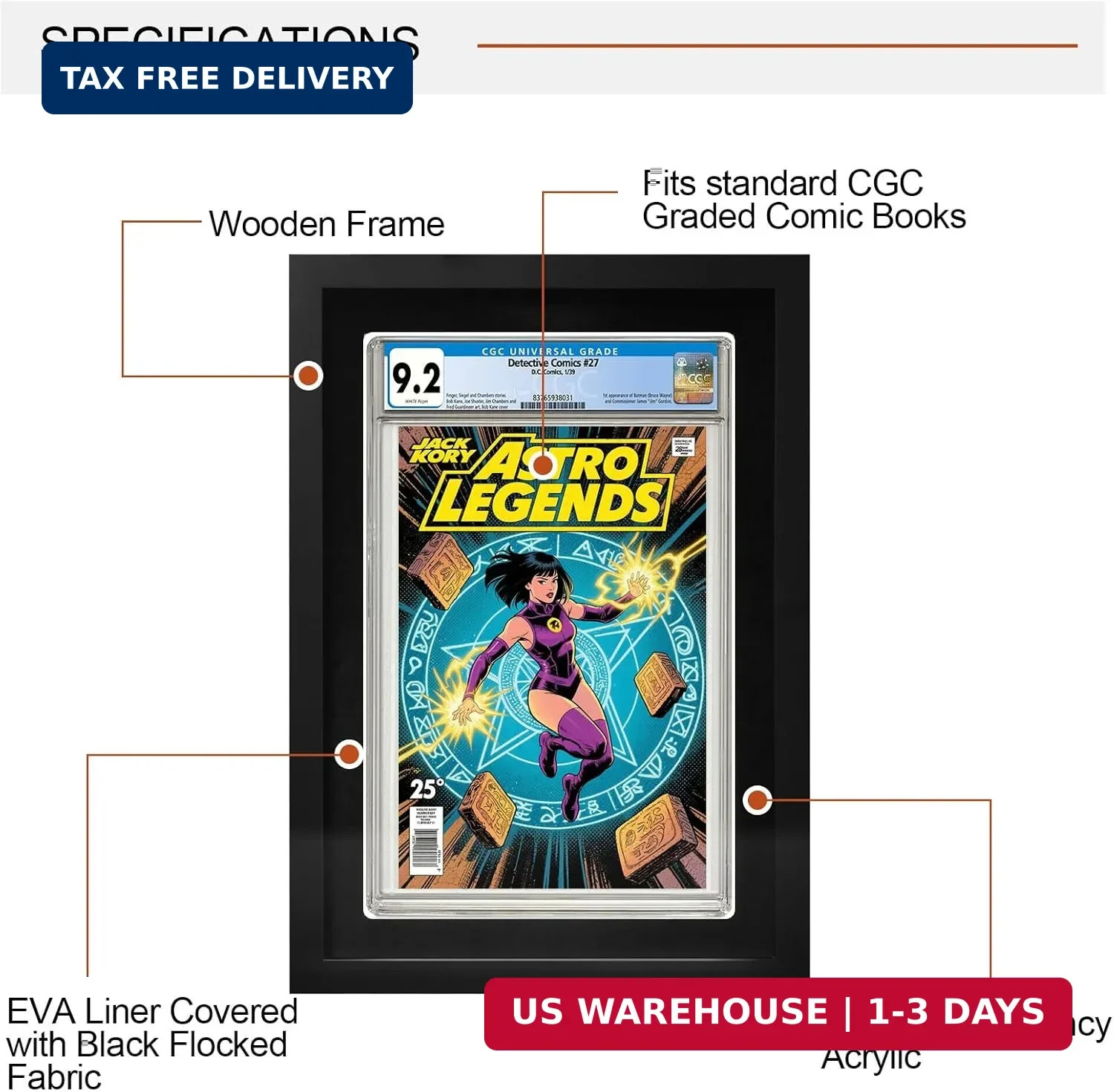 Single Graded Comic Book Frame for Standard CGC Slabs, Solid Wood Black Frame wi