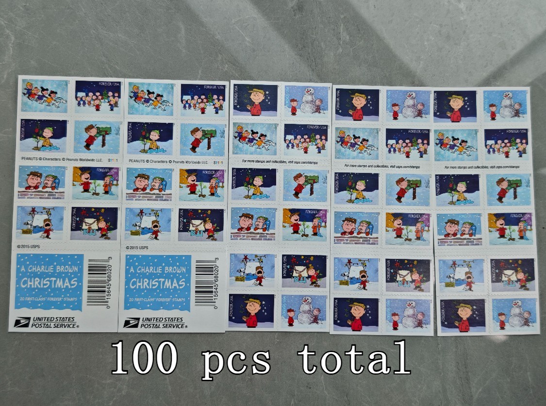 2015 Charlie Brown Christmas Stamps, 5 Sheets MNH (100 Stamps Total)