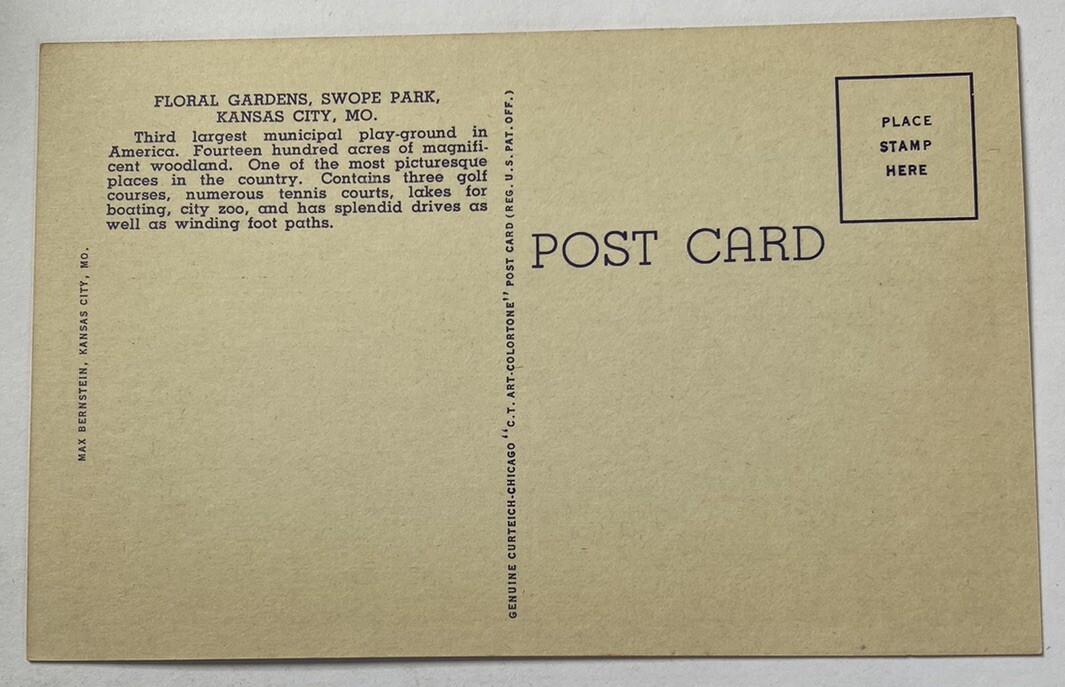 Vintage Linen Postcard ~ Swope Park Floral Gardens ~ Kansas City Missouri MO