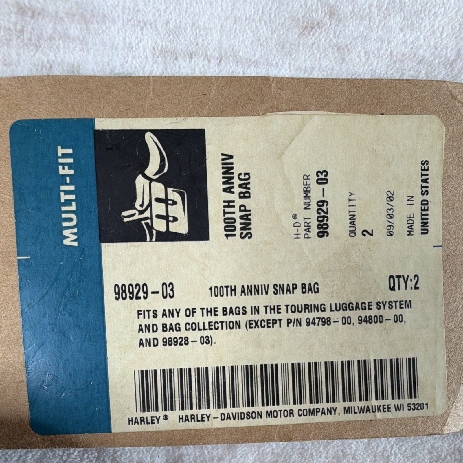 Harley-Davidson 100th Anniversary Snap Bags Pair 98929-03 New w/Tags USA
