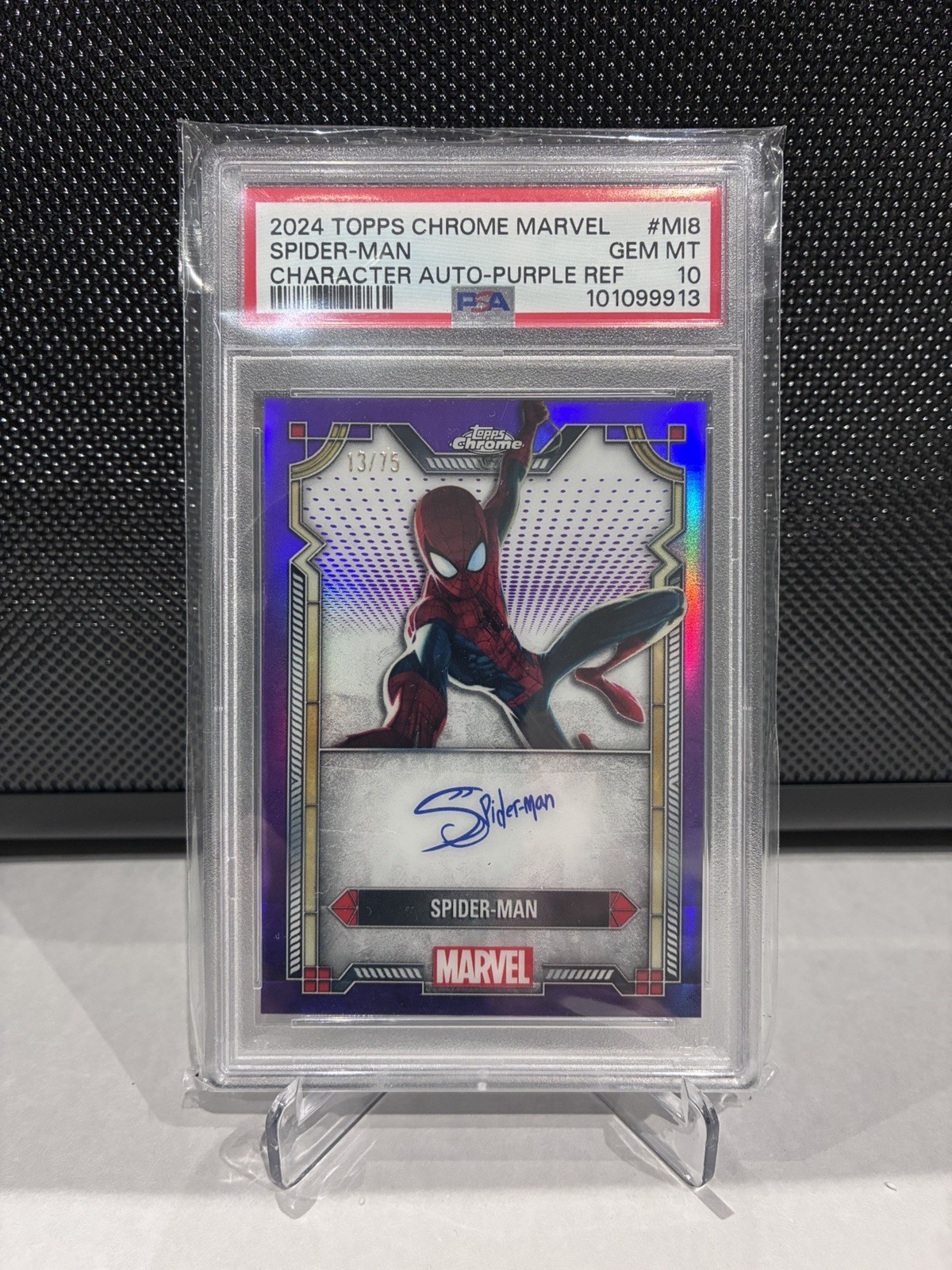 2024 Topps Chrome Marvel Spider-Man Character Auto Purple Refractor PSA 10