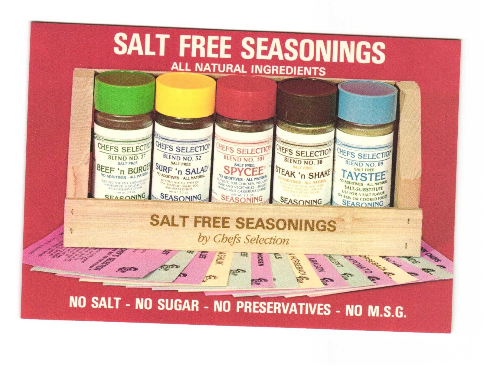 Salt free seasonings, No salt no sugar no preservatives no MSG VTG postcard UNP