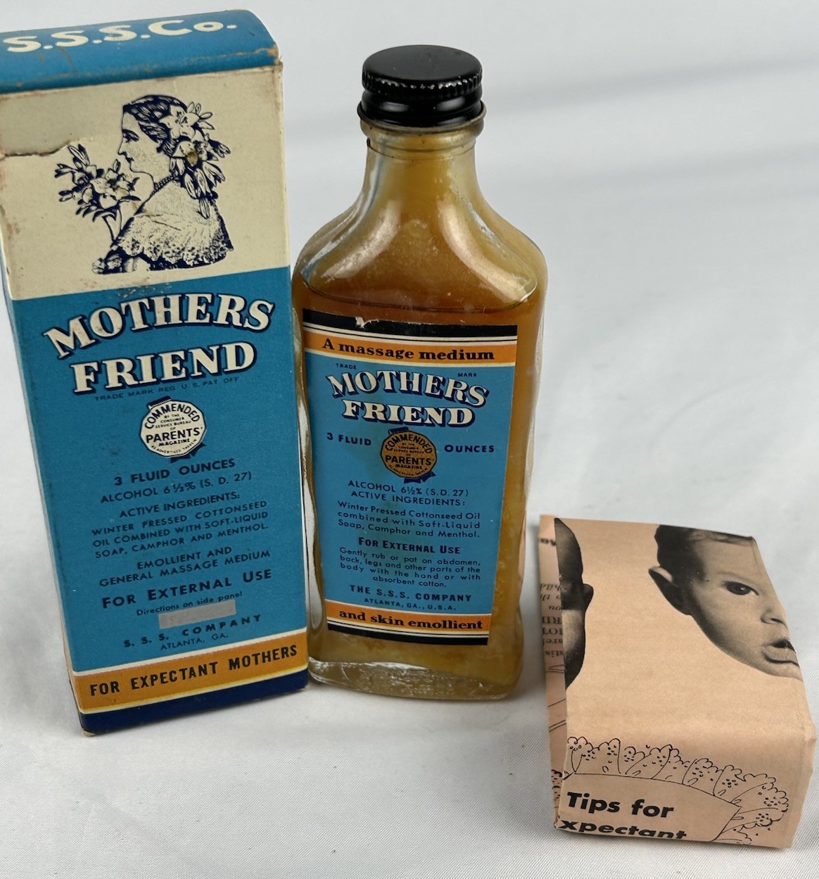 Vtg Mothers Friend Glass Medicine Bottle Emollient With Box Instructions RARE