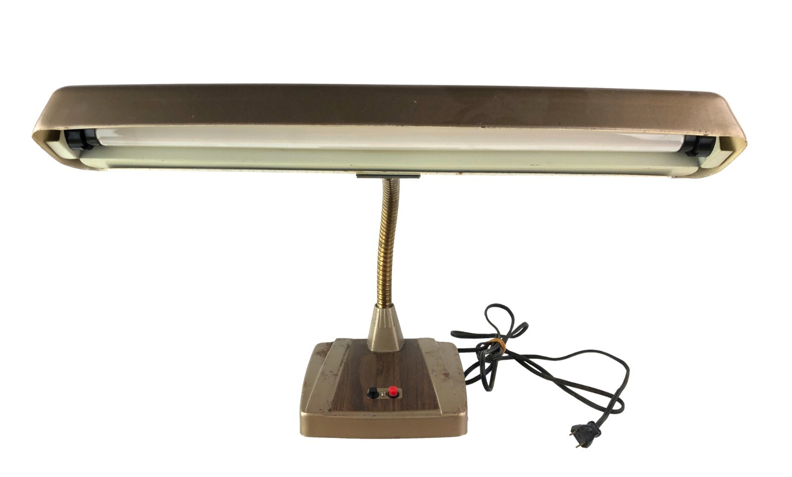 Vintage Classic Brown Metal 19″ Wide Gooseneck Desk Lamp 1950s Red Black Buttons