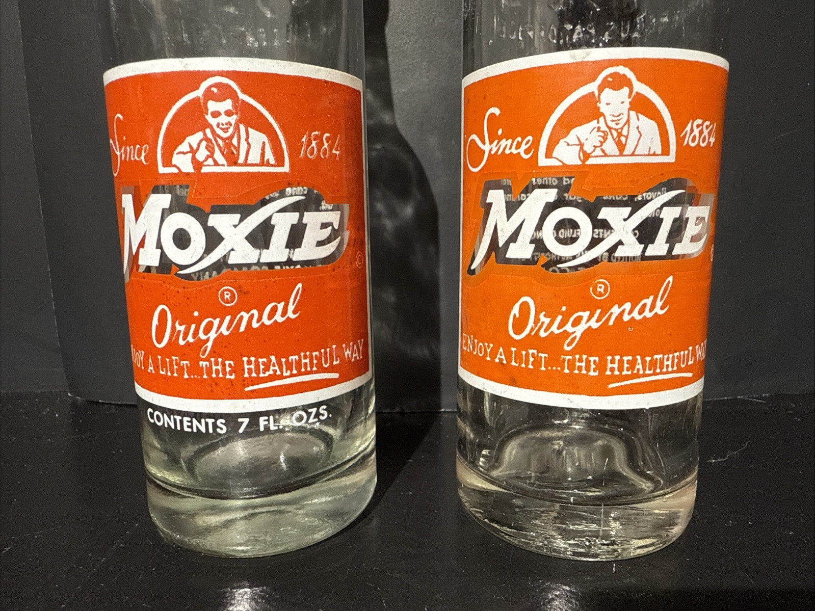 VINTAGE 1960s Rare Antique 2 MOXIE Soda ADVERTISING Bottle 7 Oz Lehighton Boston