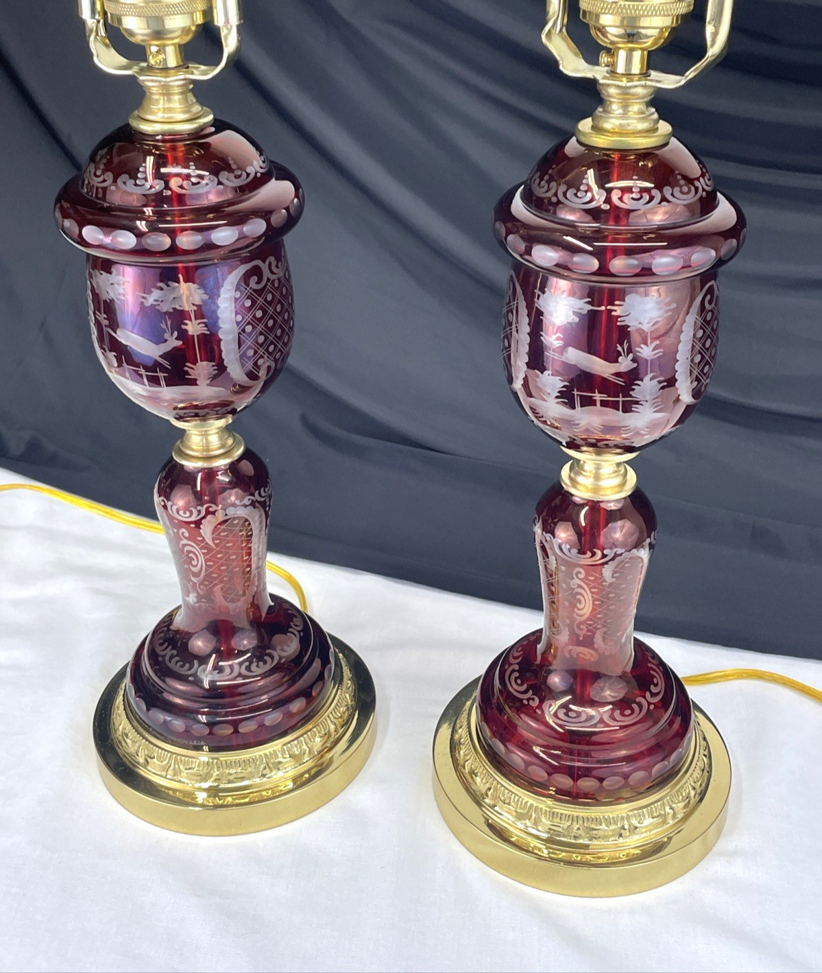 PAIR Vtg 1940’s Cranberry Ruby Red Cut to Clear Glass Table Lamps Czech Bohemian