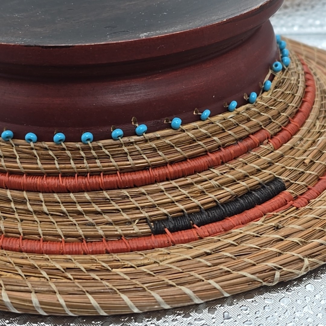 Vintage Handmade Beaded Pine Needle Basket Wood Base & Walnut Slices