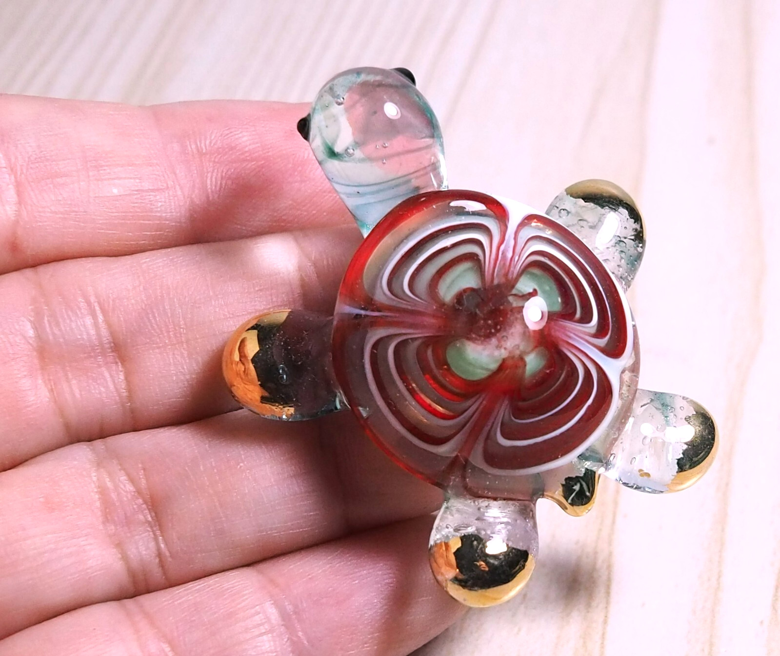 maroon green Turtle figurine hand blown Art Glass 1.85″ gold trim decor – GIFT