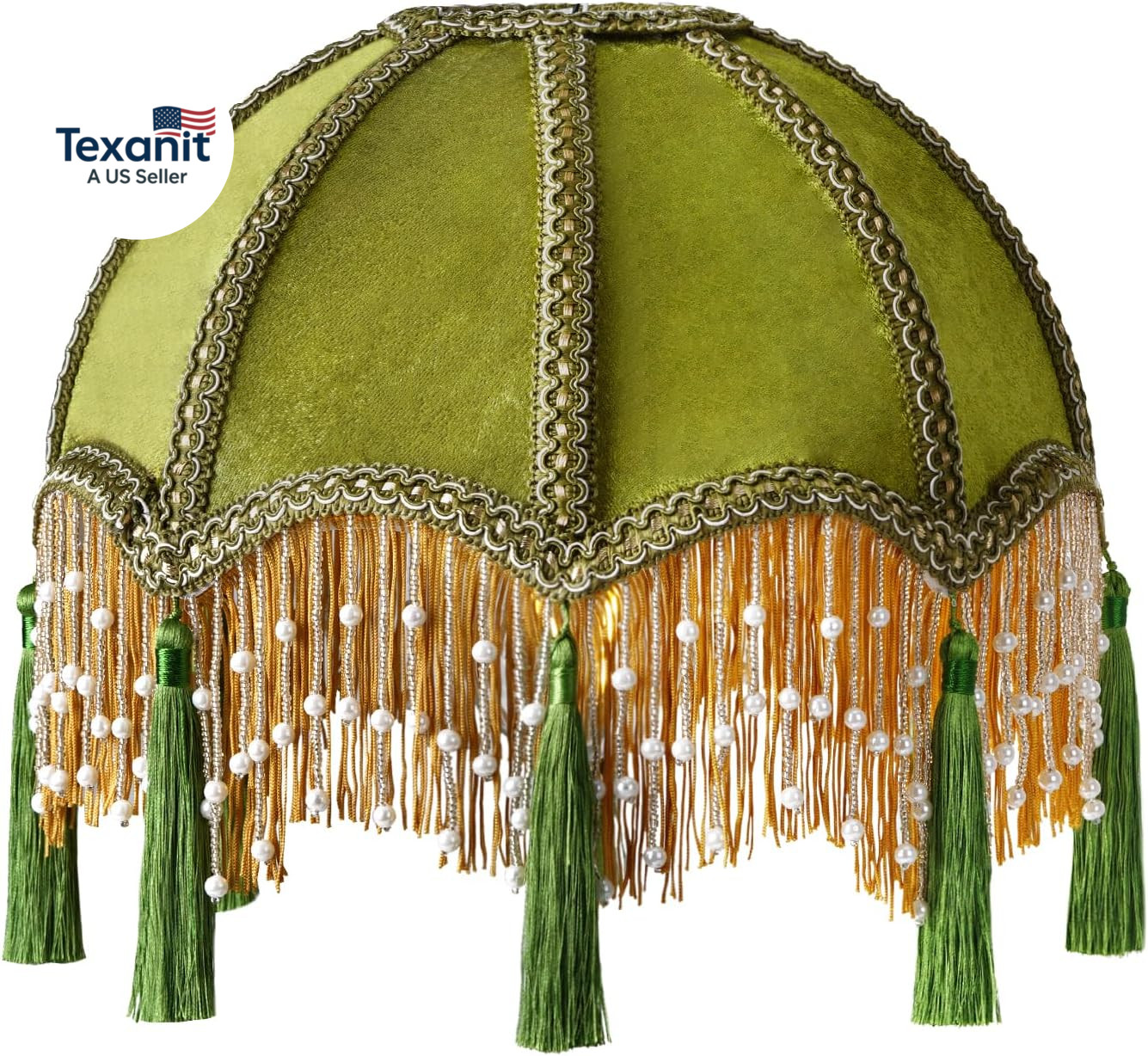 11.8 Inch Vintage Lampshade with Olive Green Velvet Tassel, Victorian Fringe Lam