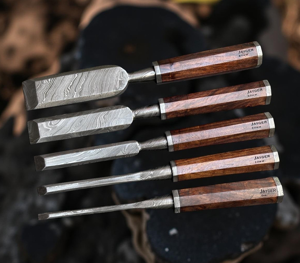 Jayger Handmade Chisel Set of 5 | Damascus Steel | wood handle | Heat Treated