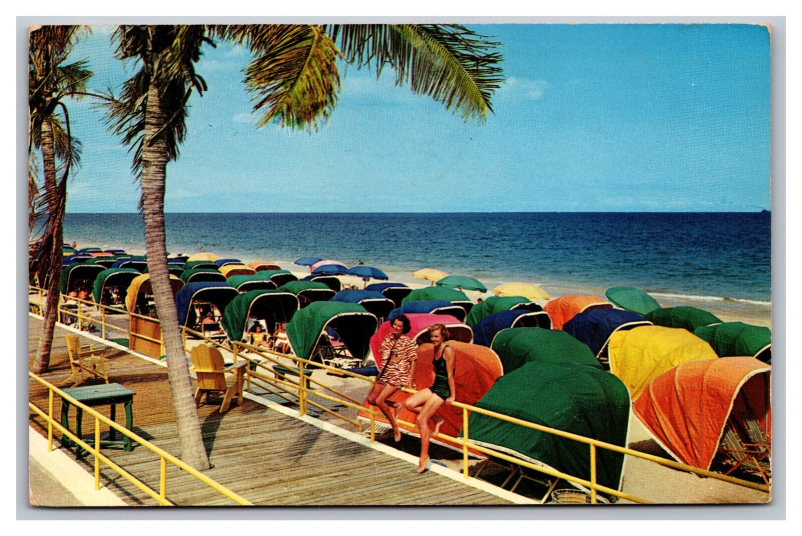 Florida Beach Bathing Scene Umbrella Chairs Chrome Postcard Posted Tampa 1956