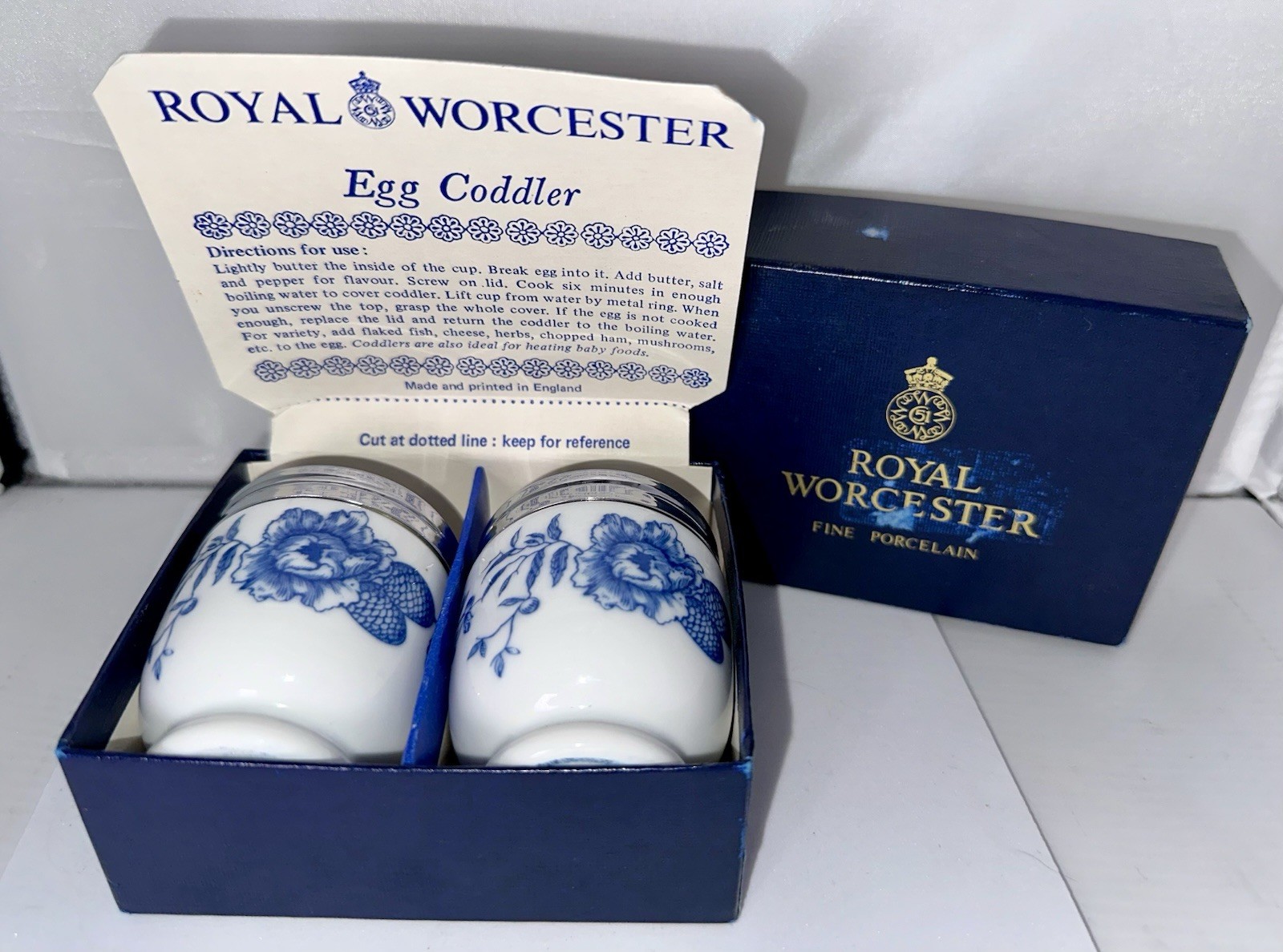 Vintage Royal Worcester Egg Coddlers Set, Rhapsody Blue Floral, Orig. Box