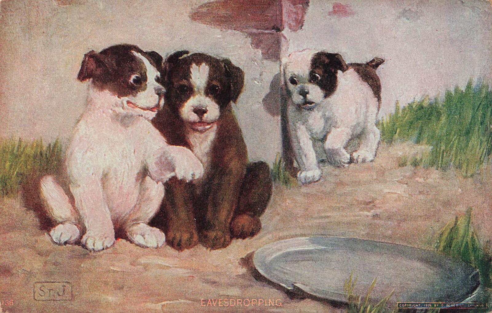 THREE CUTE PUPPIES BY FOOD BOWL EAVESDROPPING c1906 VINTAGE POSTCARD 111425 U