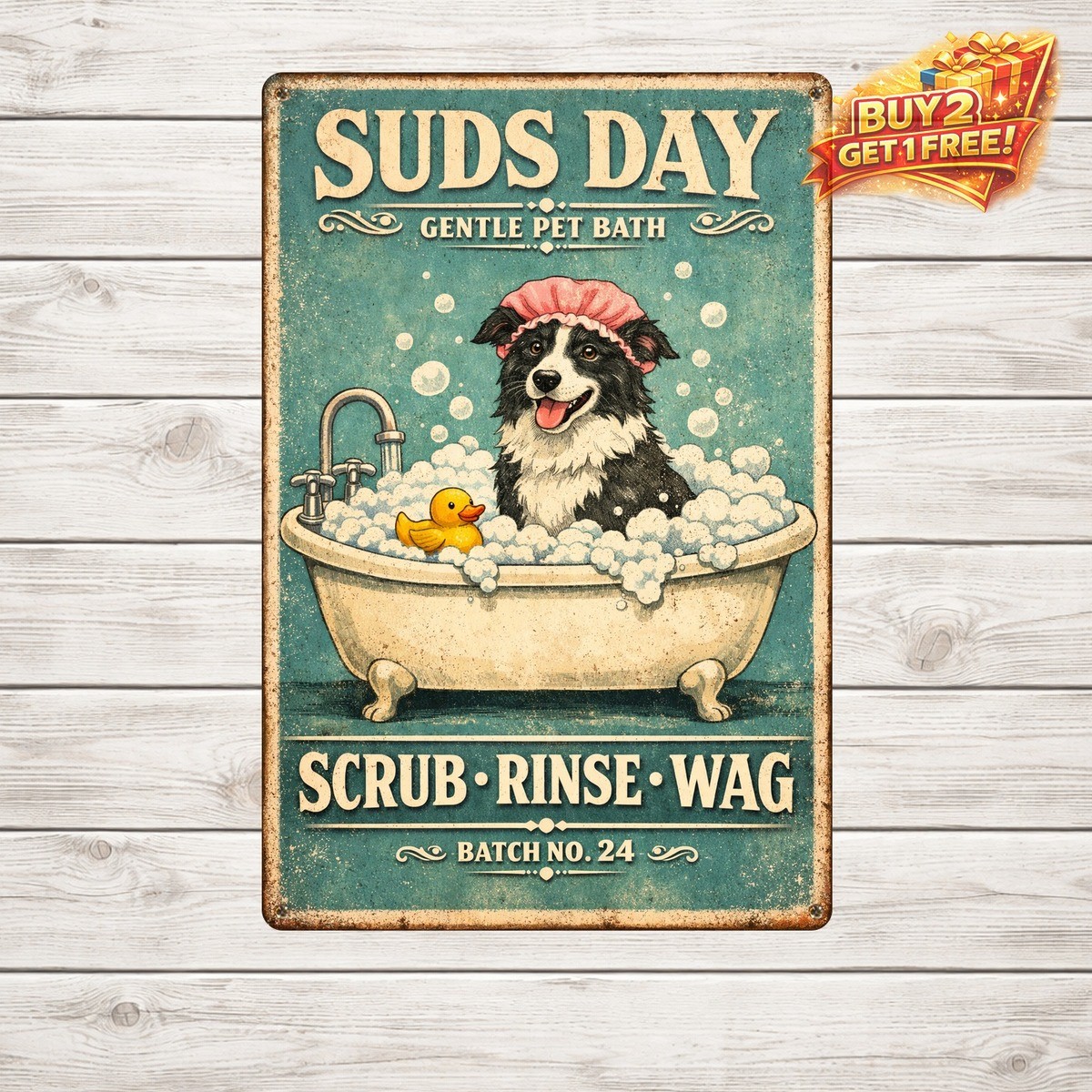 Border Collie Dog Bathtub Metal Sign Retro Bathroom Pet Wall Art 8×12