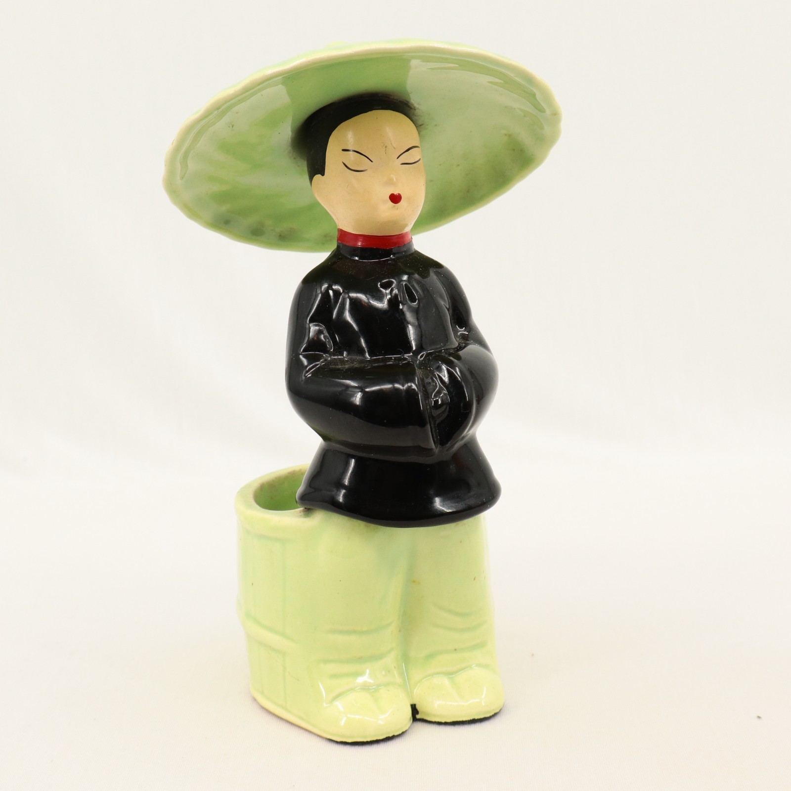VTG Mid-Century Asian Figural Ceramic Planter Green Hat Bamboo Pants 6.5″