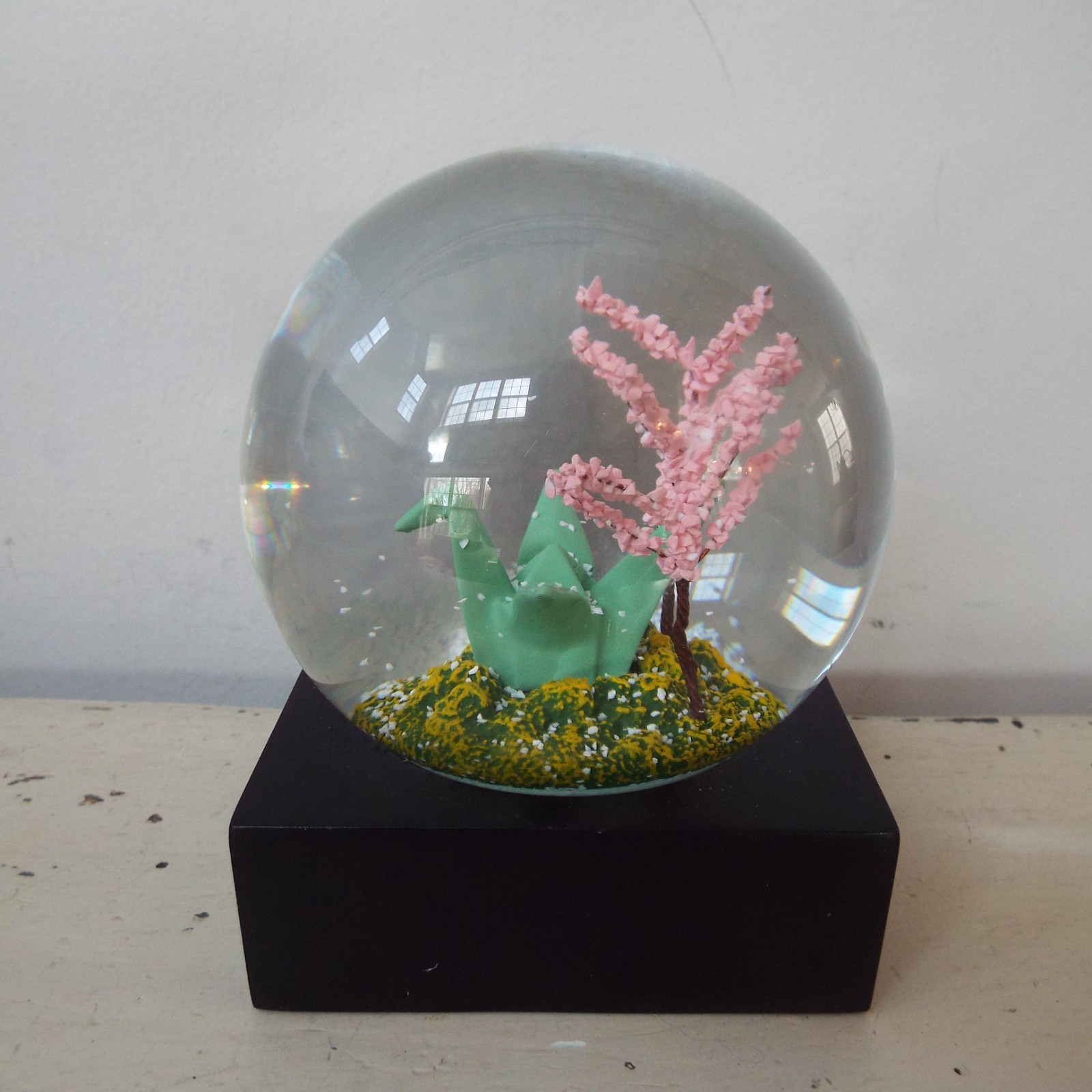 Cherry Blossom Green Paper Crane Snow Globe Black Square Base Japan