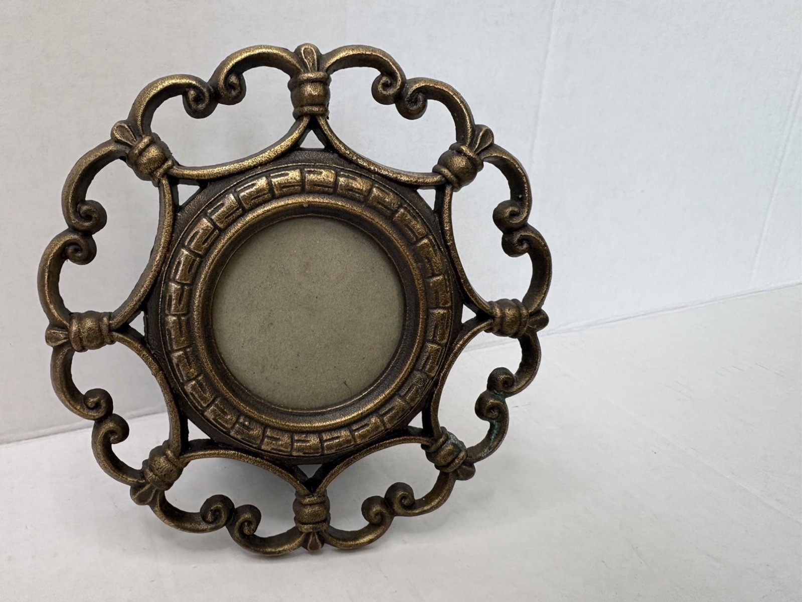 Small Brass Ornate Round Picture Frame Patina 2.5” Photos Free Standing Vintage