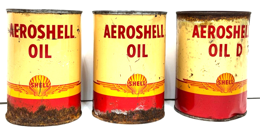 3 Shell quart qt metal oil cans empty 2 “Aeroshell Oil” 1 “Aeroshell Oil D” Rust