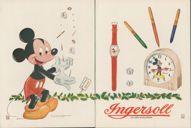 1948 Ingersoll Mickey Mouse Clock Watch Pens Christmas So Dear To Heart Ad L44