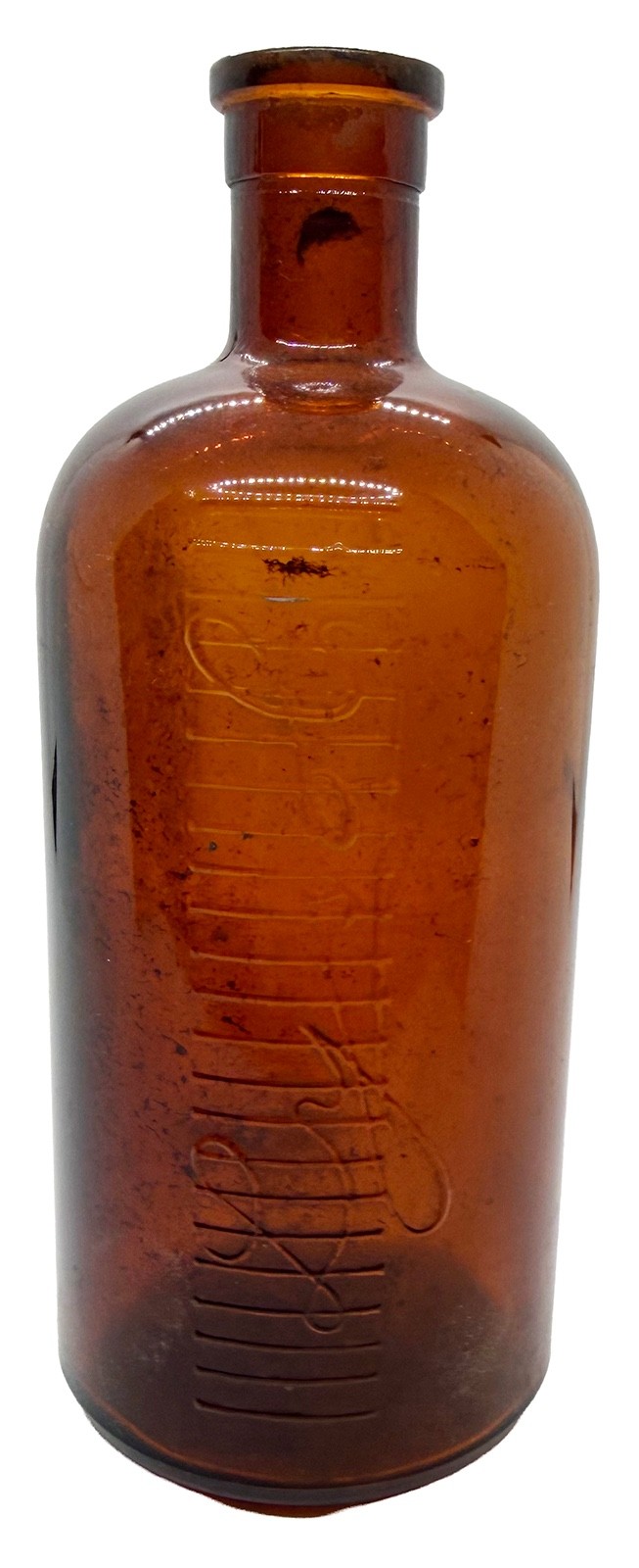 Rare Dark Amber Embossed Lysol Bottle. 1920-1929. 7.25″ x 3″.
