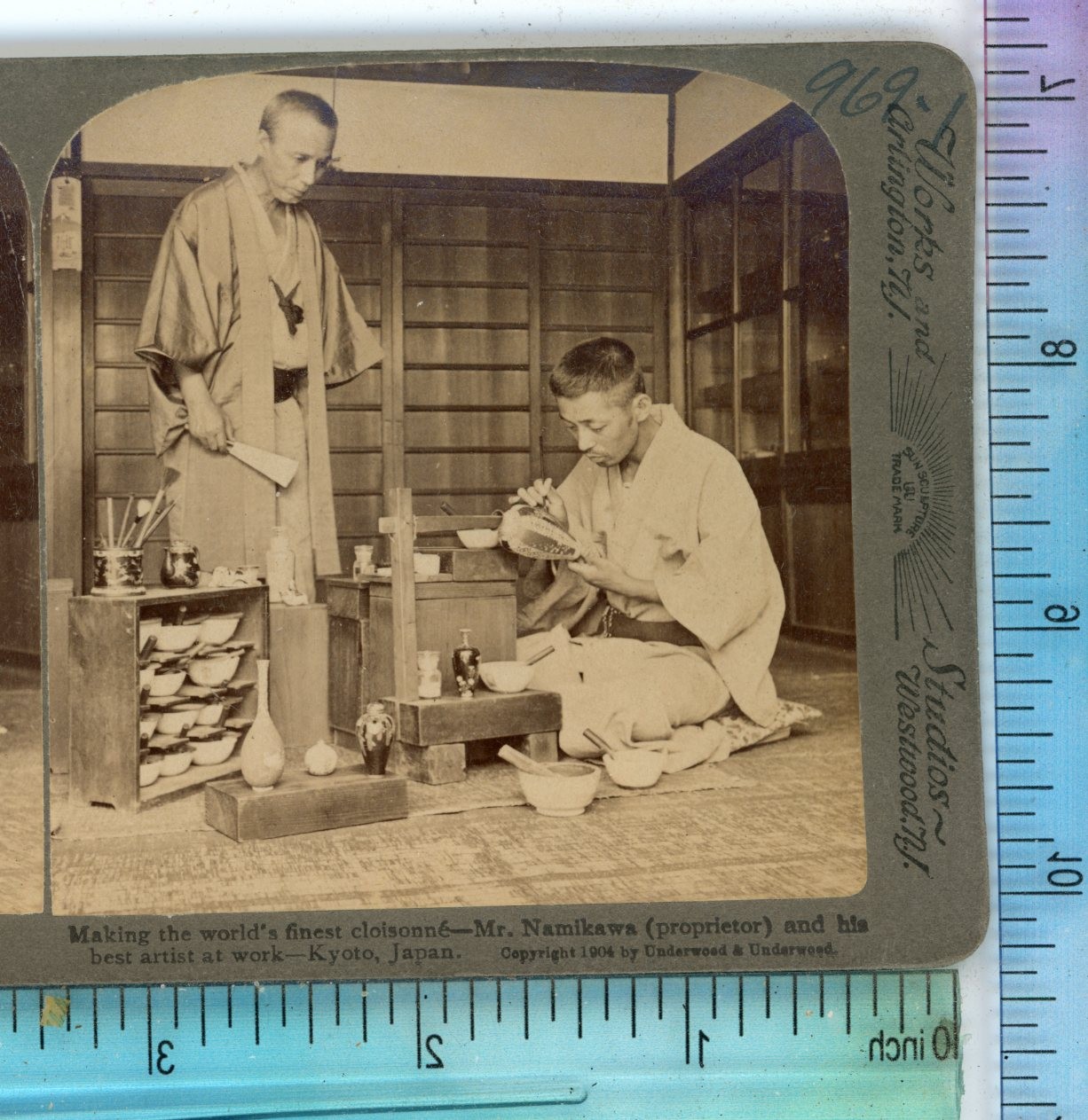 Mr Namikawa & Artist at Work Cloisonne Kyoto Japan Underwood Stereoview