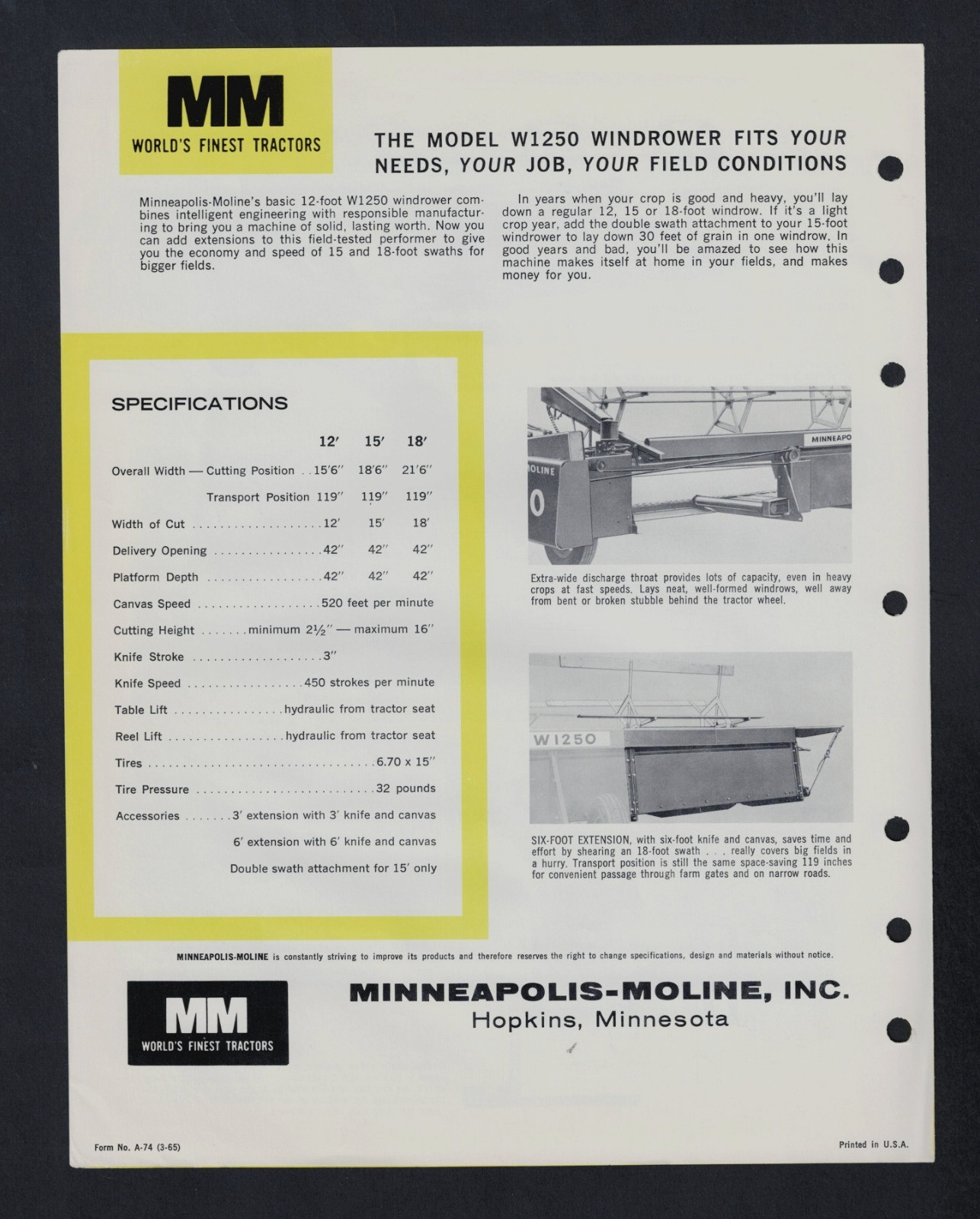MINNEAPOLIS-MOLINE W1250 [PULL-TYPE] WINDROWER 4 PAGE BROCHURE A-74 [3-65]