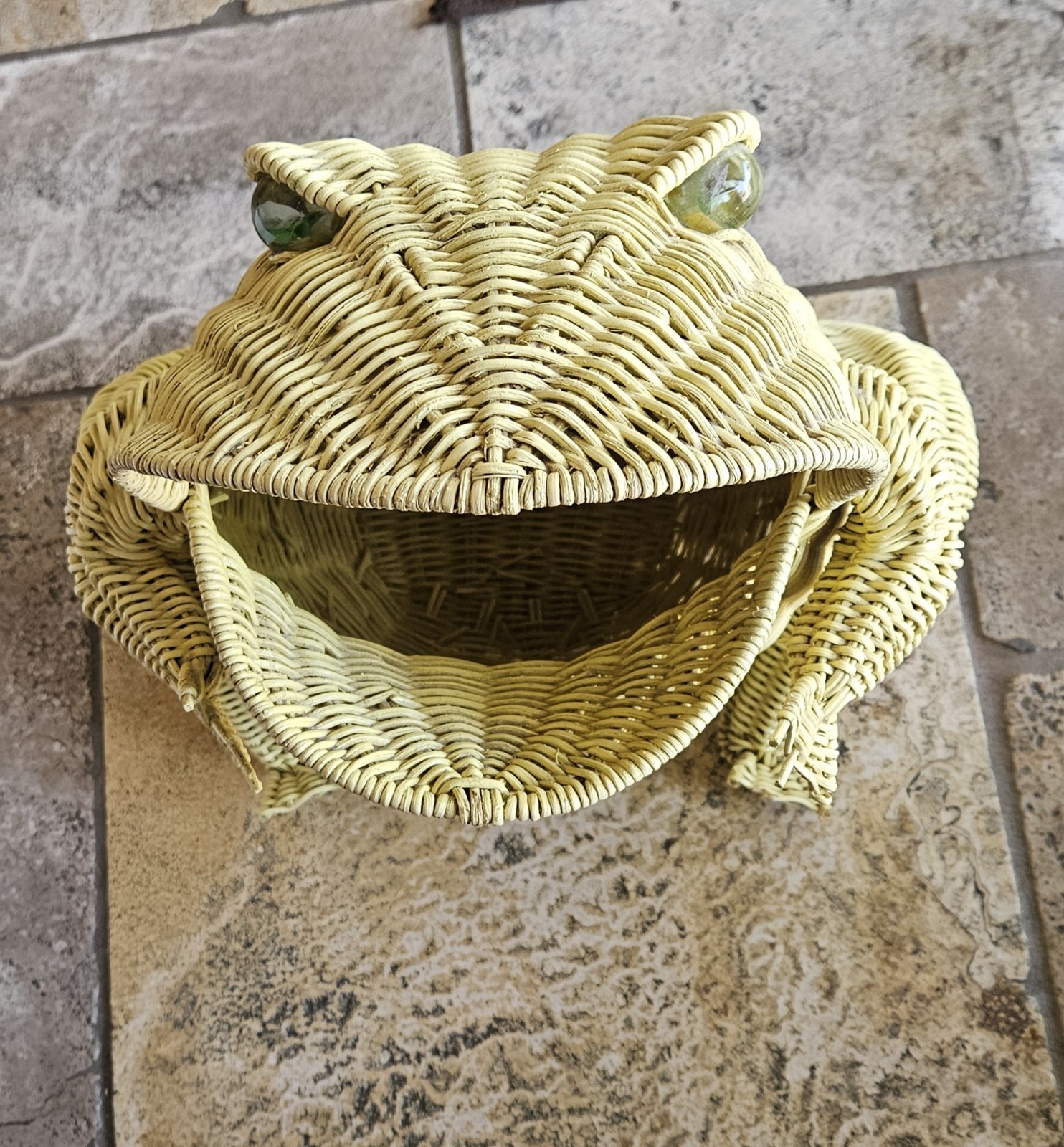 Vintage MCM FROG Basket Bin Large WICKER Rattan BOHO Toad