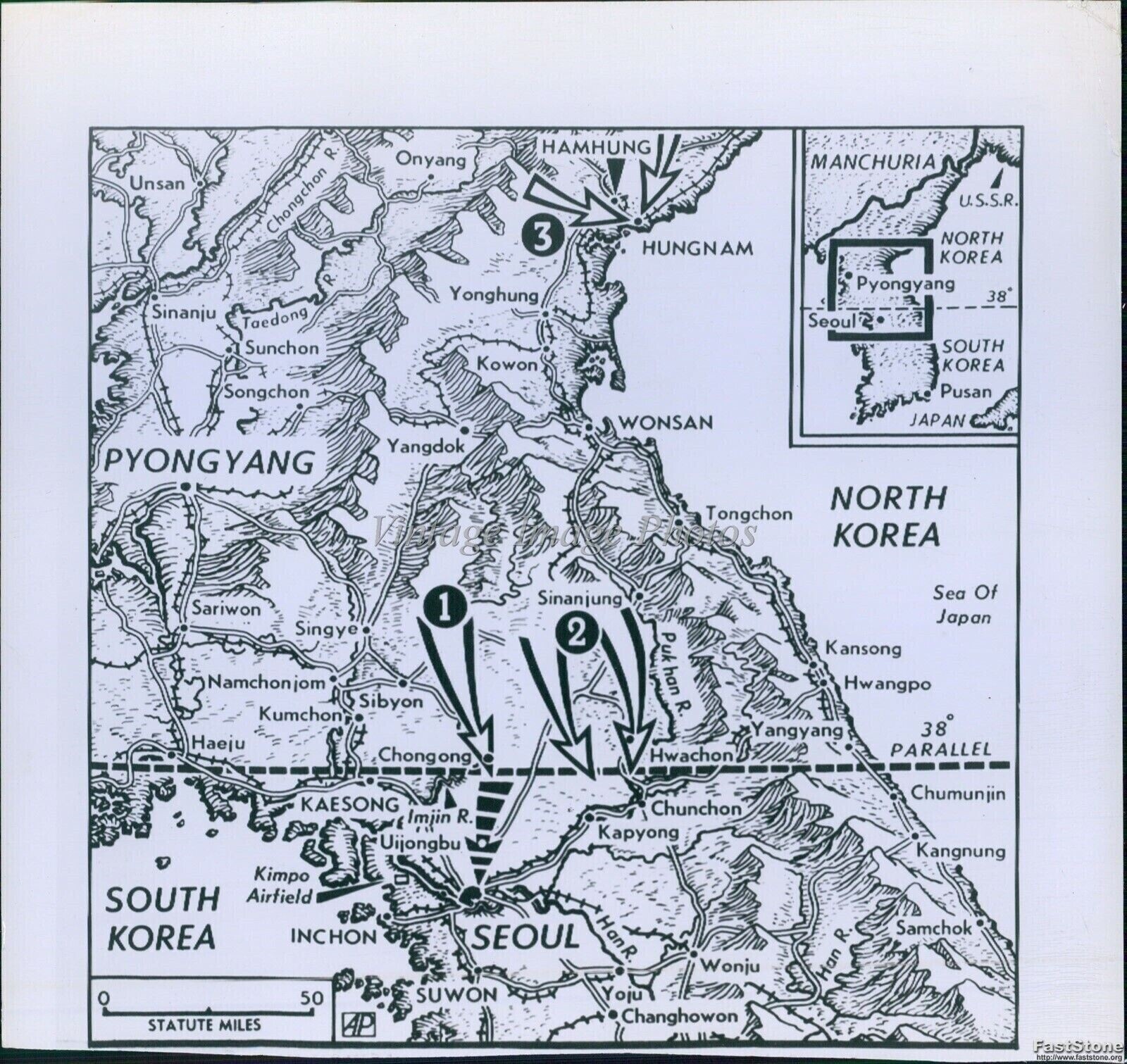 Map South North Korea Border Paths Leading To Seoul Politics Vintage Photo 6×8