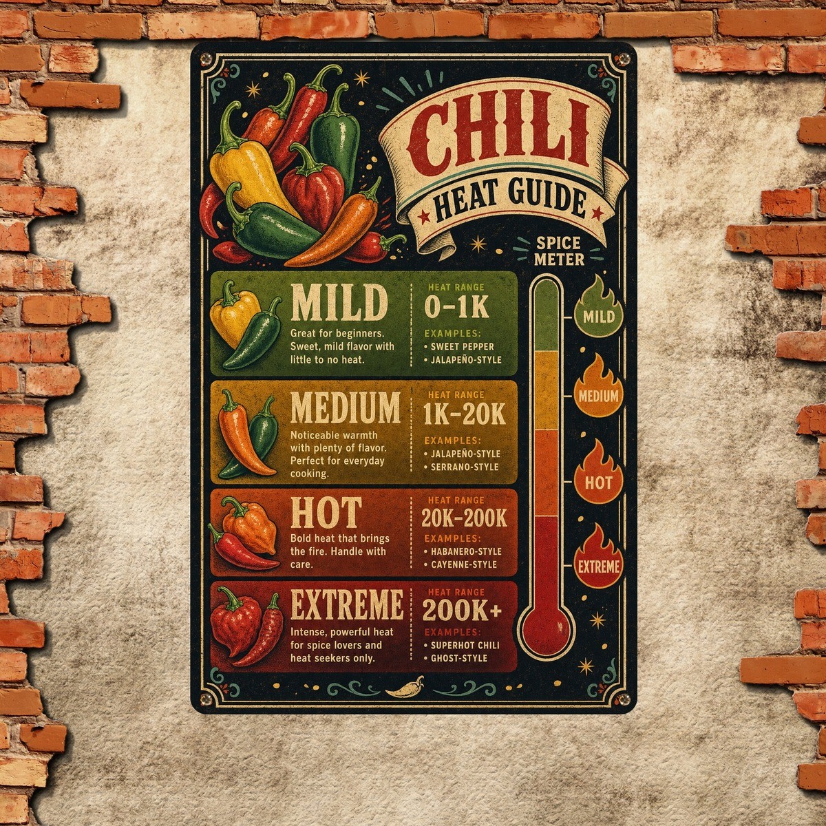 Peppers Heat Scale Scoville Chart Metal Sign Spicy Food Kitchen Wall Decor