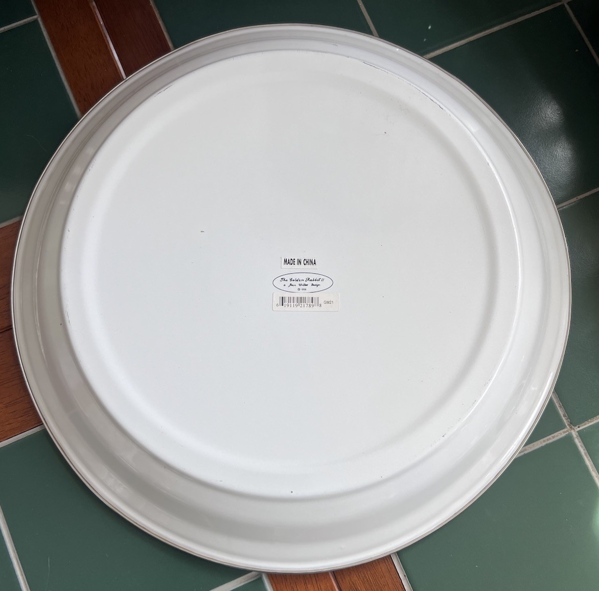The GOLDEN RABBIT Enamelware Geranium Jean Wilkes 15.75” Platter Round Tray Vtg