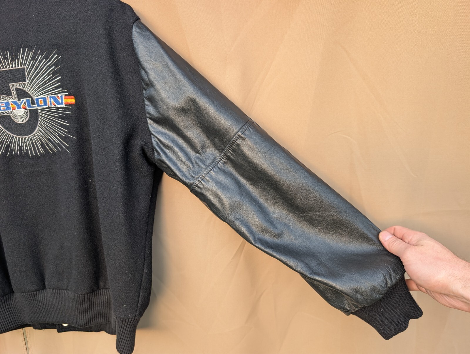 Nice Babylon 5 Leather Cast And Crew Jacket Mens Embroidered Wool Sleeve Black