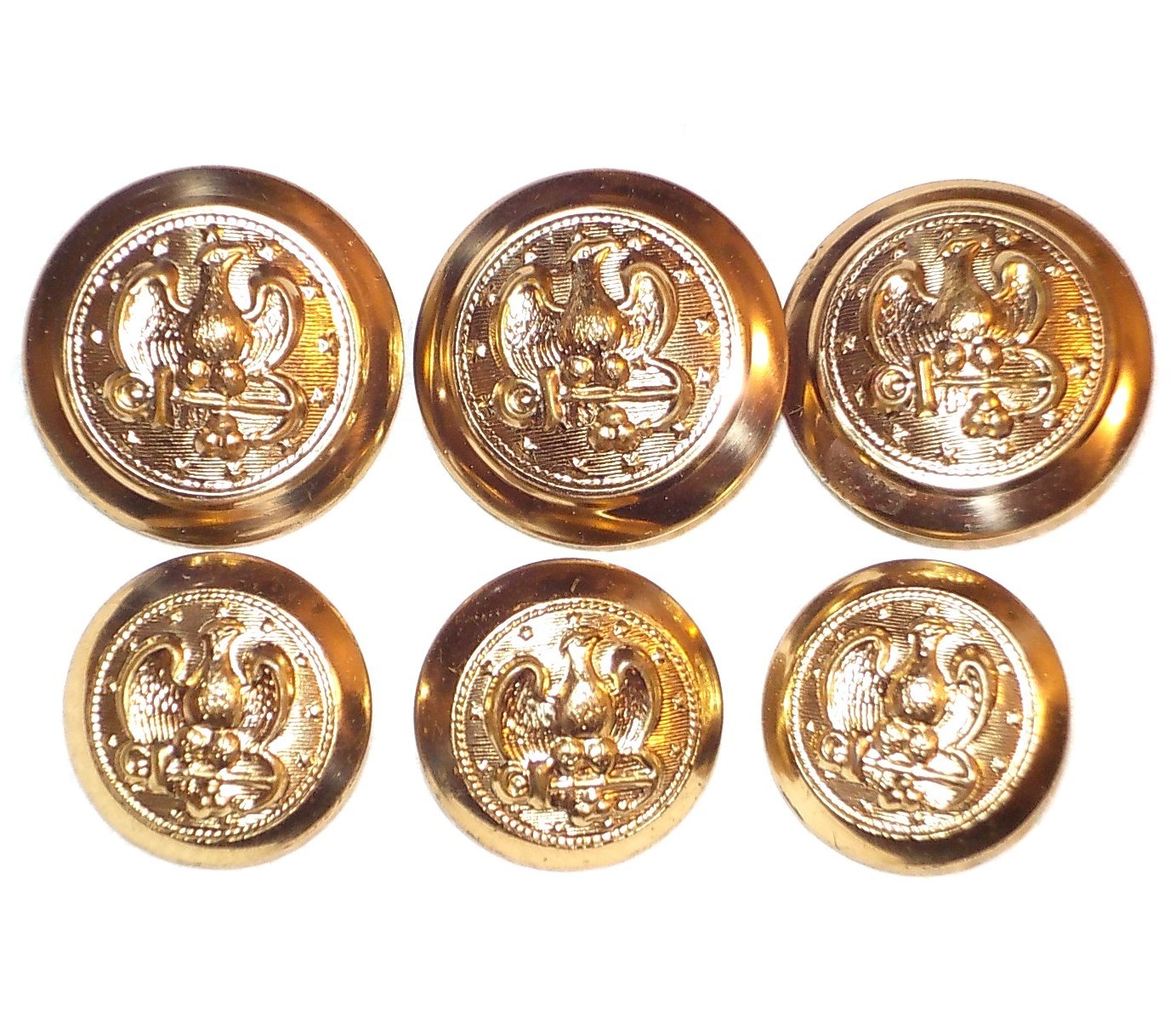 Set of 6 Brass Top Navy Pea Coat Style Eagle Anchor Buttons 1-1/8 in and 7/8 in